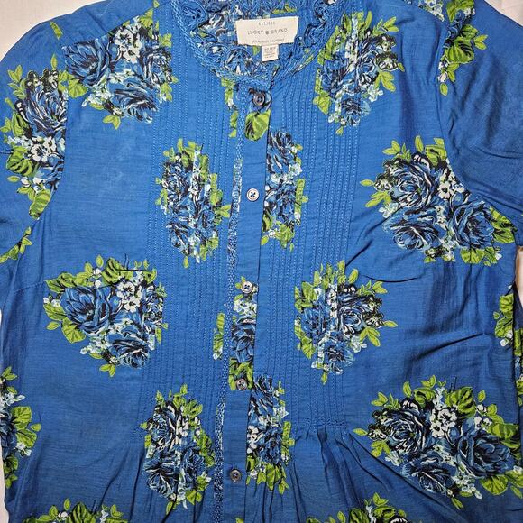 Lucky Brand Blouse Women’s XS Blue Floral Lace Trim Long Sleeve Boho Top Cottage - Picture 4 of 8